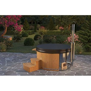 Finntherm Holz Badefass Stockholm Thermoholz, Ø 180 cm mit VA-Ofen und Treppe im Garten.