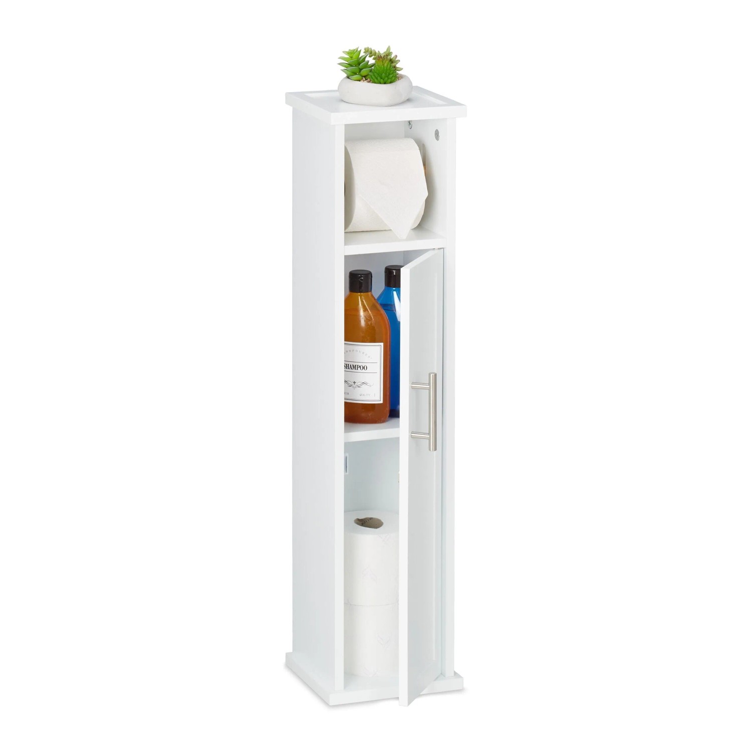 Relaxdays Toilettenpapierschrank MDF Bambus Metall Weiß Stehend Magnetverschluss 77 cm x 18,5 cm x 17,5 cm 4,1 kg