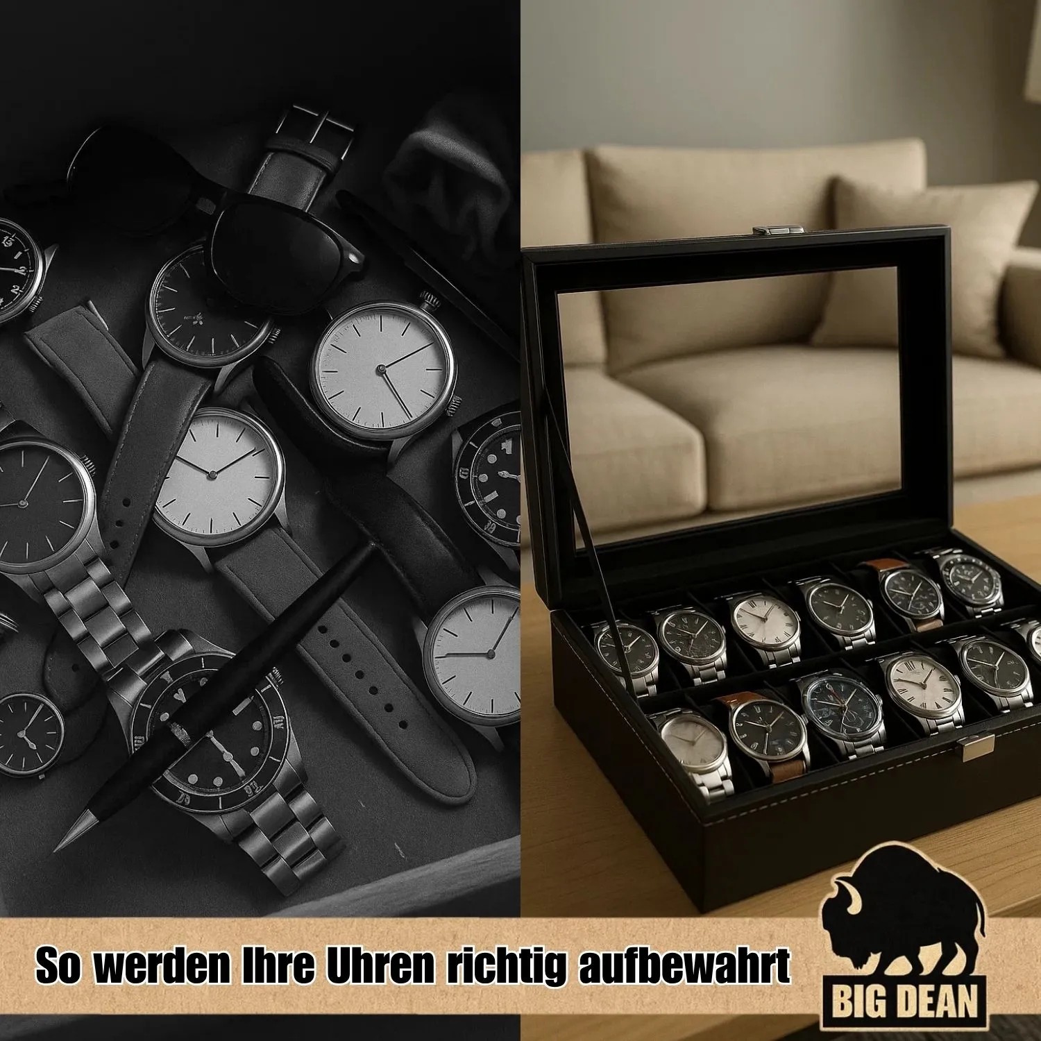 BigDean Uhrenbox für 12 Uhren mit Glasdeckel, Aufbewahrung für Herrenuhren.