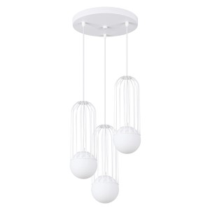 Weiße Sollux Lighting Pendelleuchte Brina 3P mit drei Lampenschirmen im Käfig-Design.