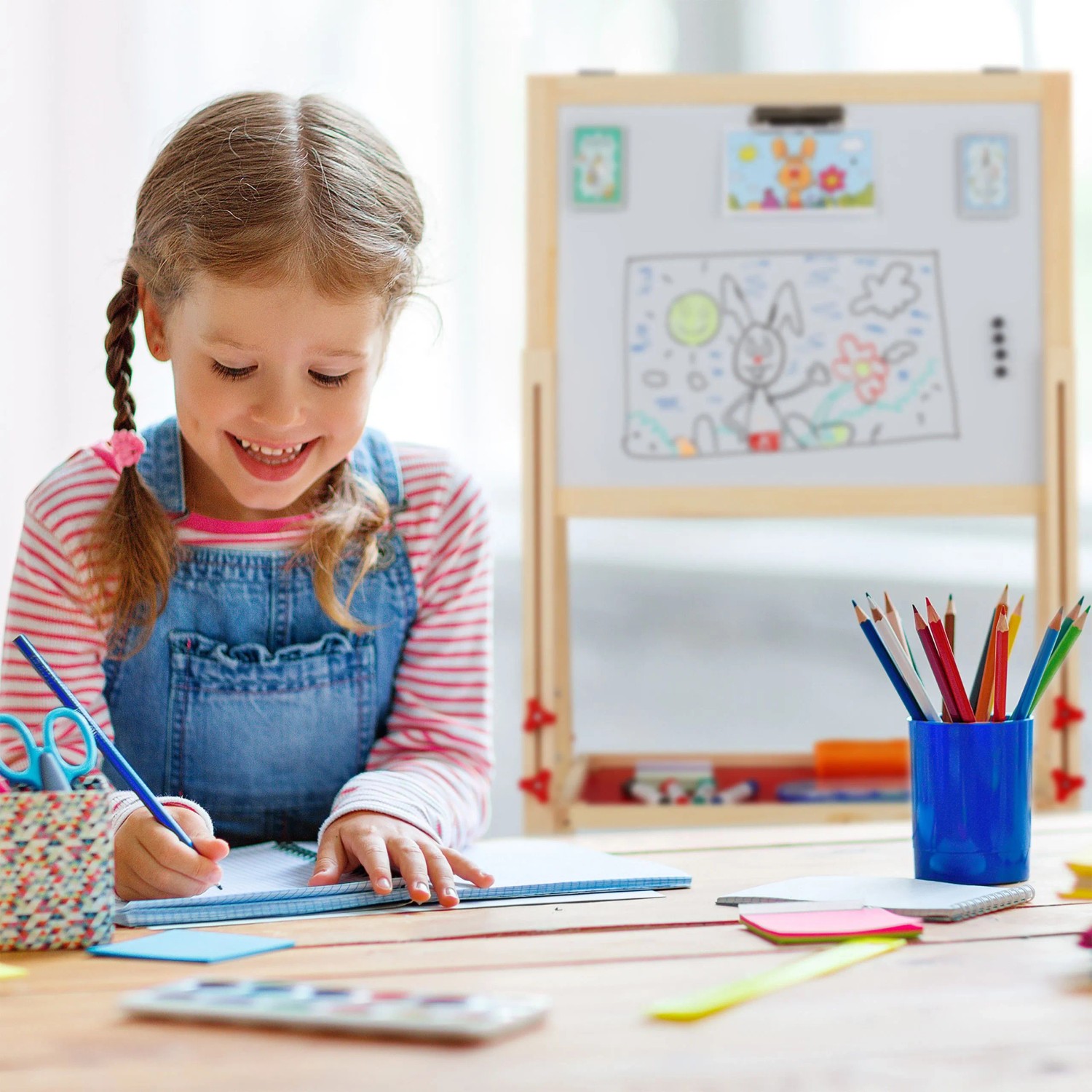 Relaxdays Standtafel für Kinder Holz Metall Natur Doppelseitig Höhenverstellbar 135 cm x 55 cm x 52 cm 3,9 kg_2