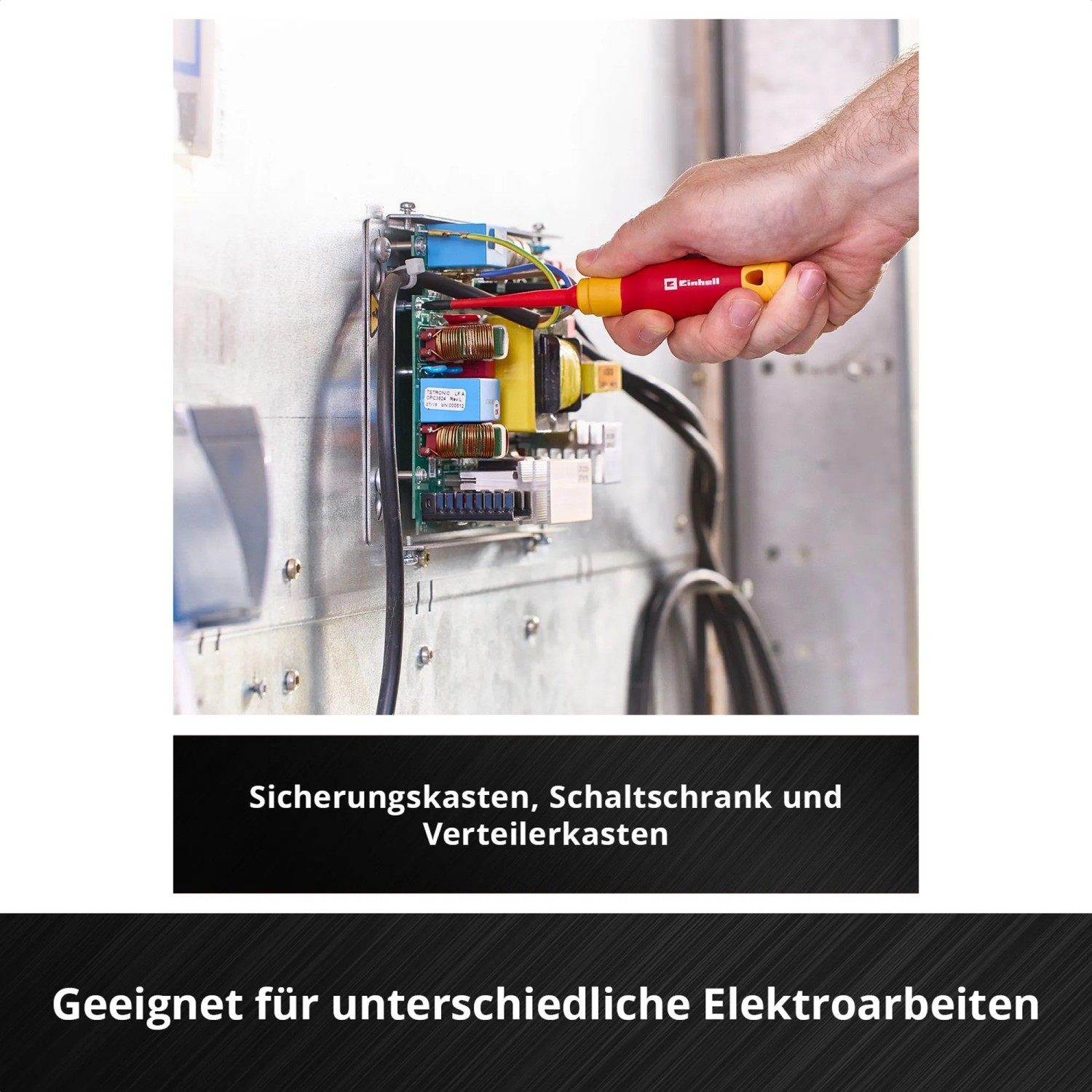 Einhell Werkzeug-Pad: Elektriker arbeitet mit isoliertem Schraubendreher an Schaltschrank.
