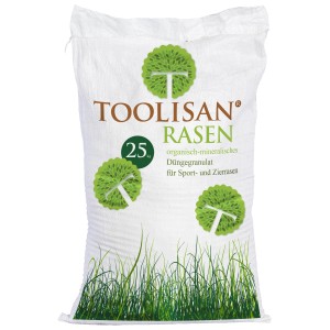 Sack Rasendünger Toolisan mit Langzeitwirkung, 25 kg, für gesunden Rasen.