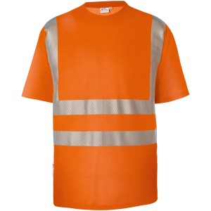 Warnorangefarbenes Kübler Workwear Warnschutz-T-Shirt Reflectiq Gr. M mit Reflexstreifen.