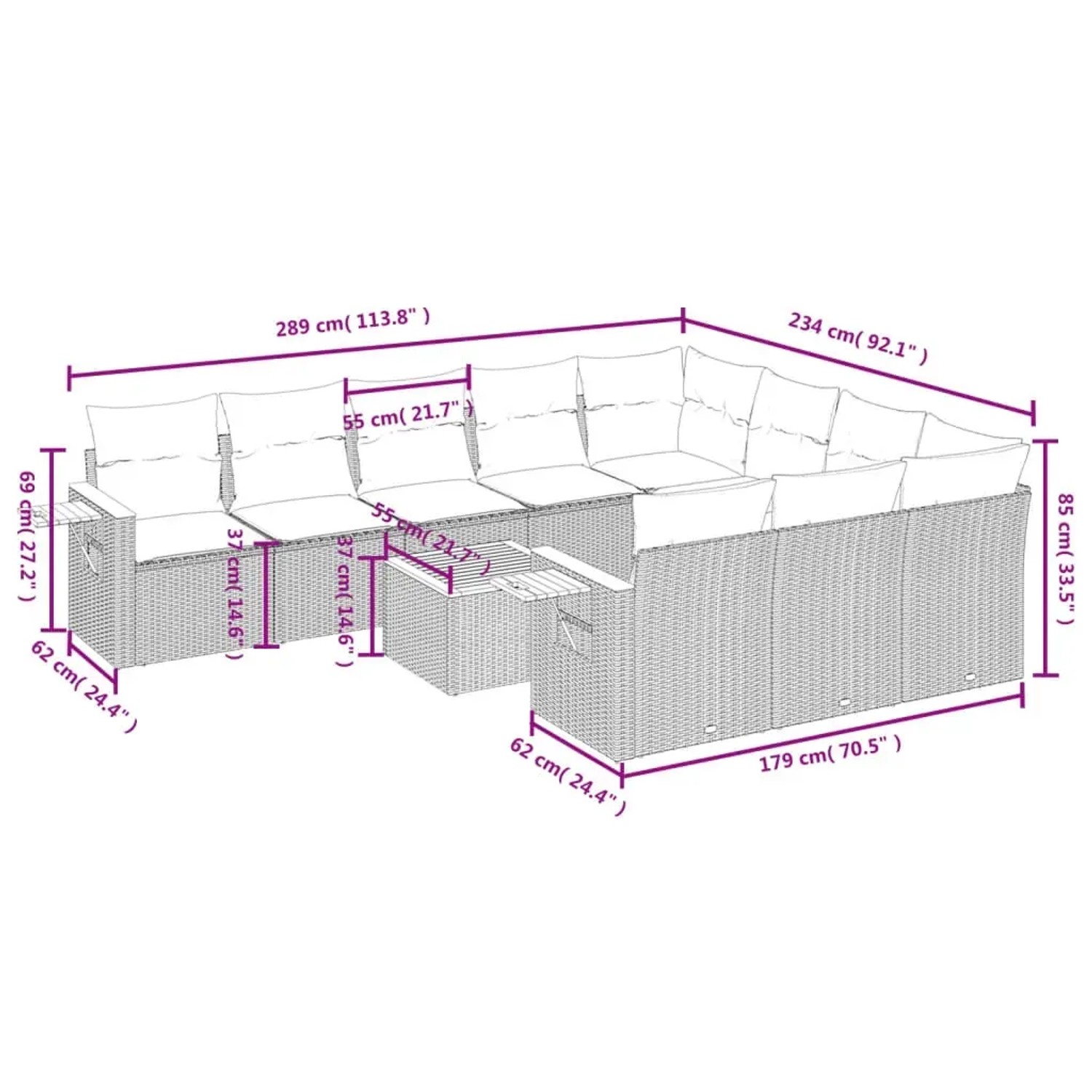 vidaXL 11-tlg. Garten-Sofagarnitur aus Poly Rattan, schwarz, mit Maßen. Ideal für Terrasse und Garten.