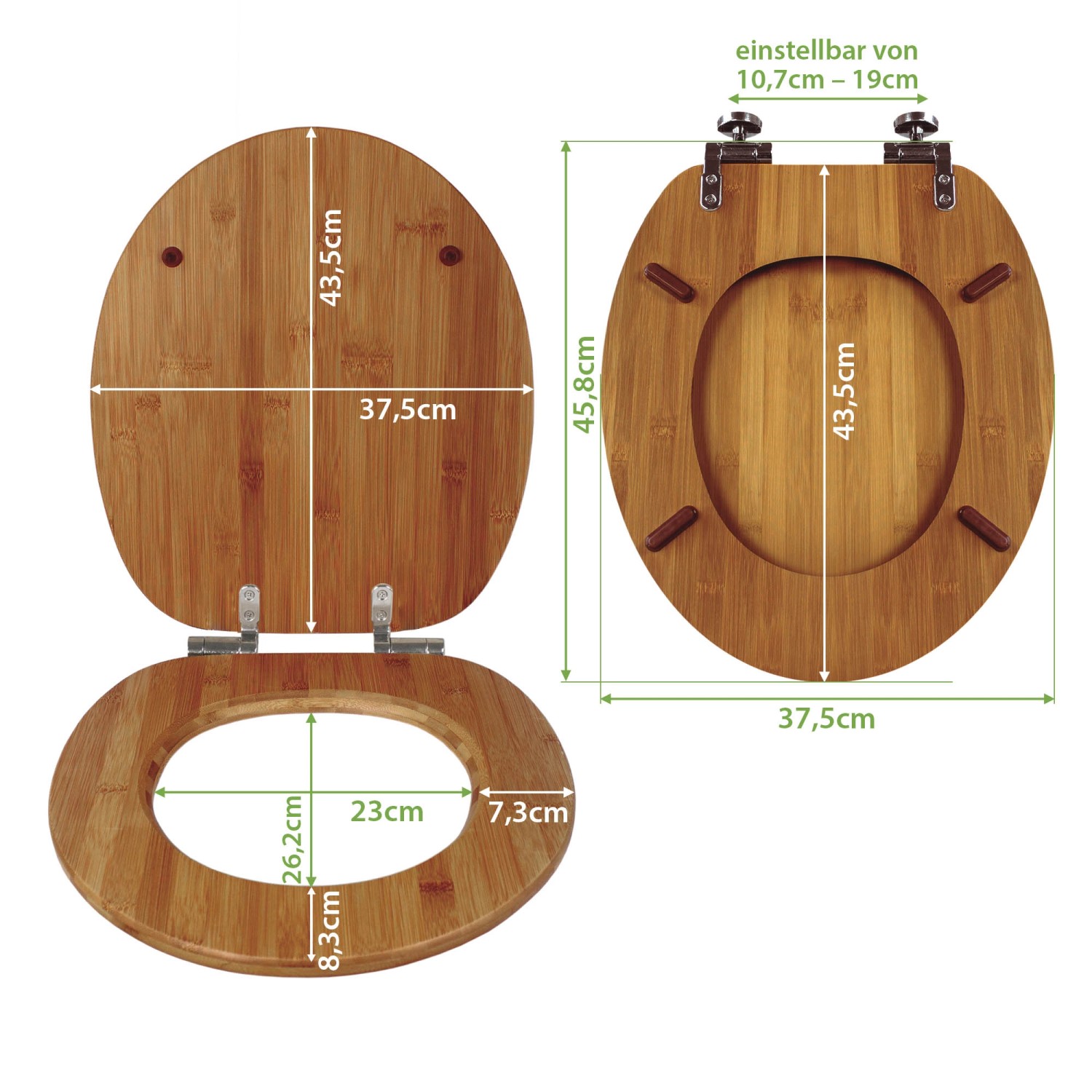 Banjado WC-Sitz aus Bambus mit Lama Motiv und Absenkautomatik, Maße eingezeichnet.