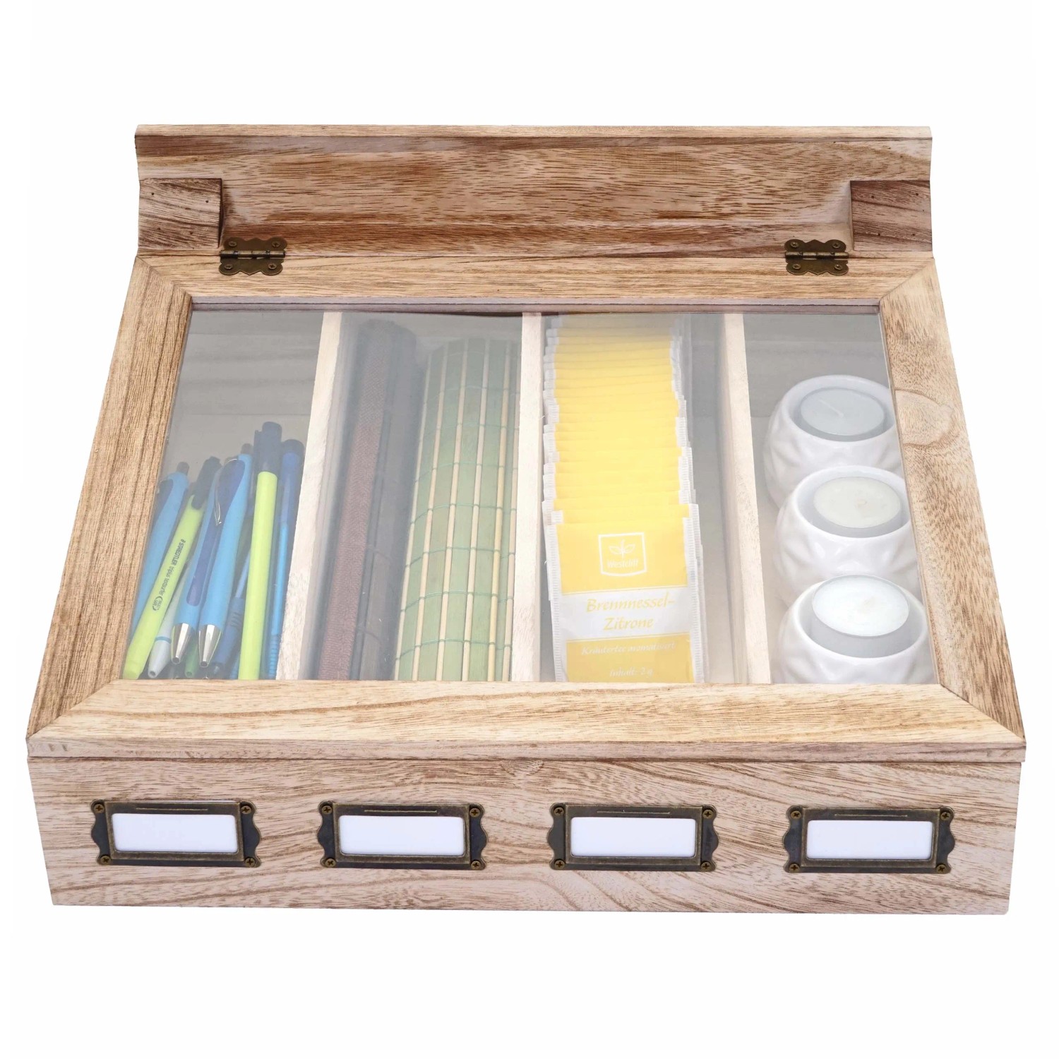 MCW Aufbewahrungsbox C25 Naturbraun mit 4 Fächern, Sichtfenster und Etikettenhalter.