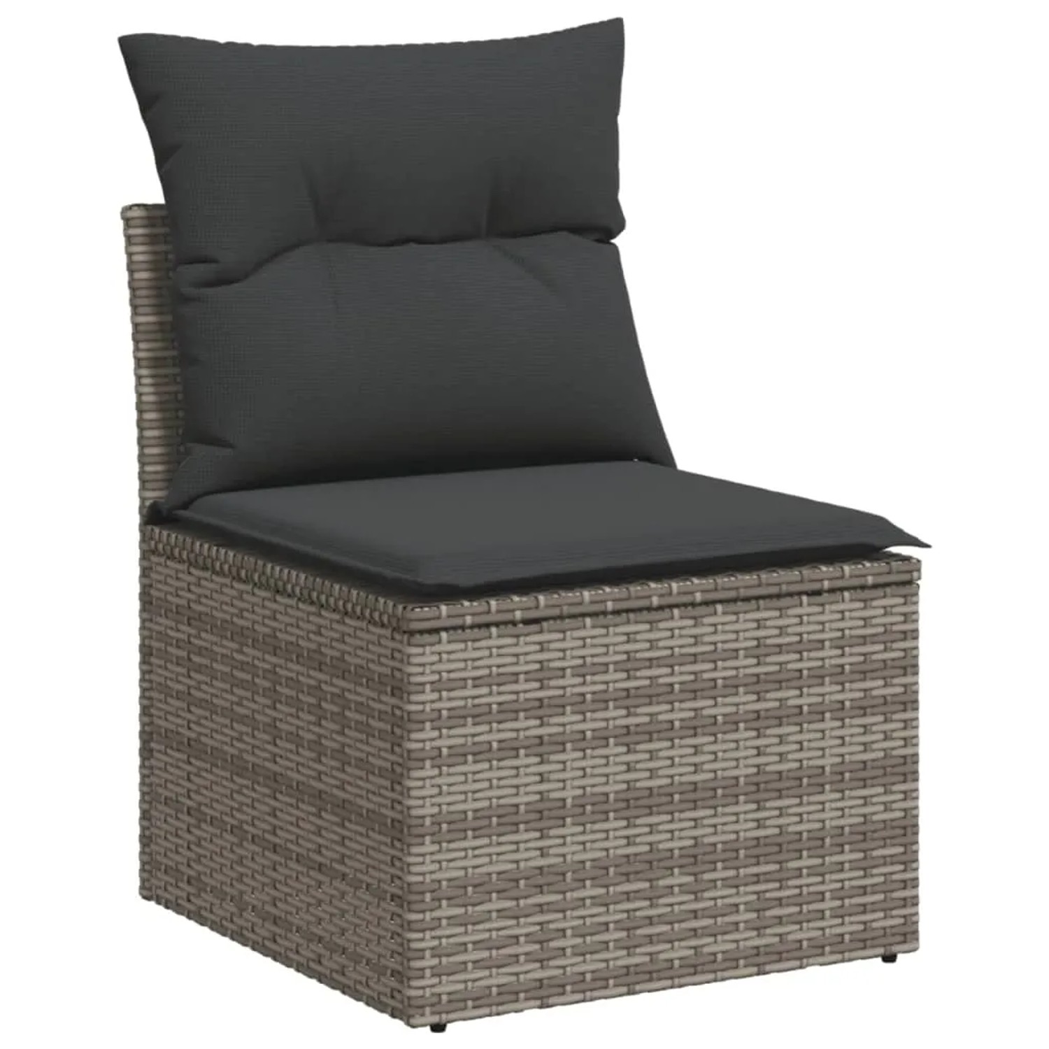 Graues vidaXL Gartenmöbel-Element aus Rattan mit dunklen Kissen. Teil einer Sofagarnitur.