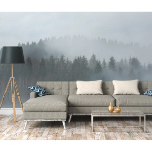 Fototapete Waldlandschaft in Grau, Grün und Braun, 3,50x2,55m, hinter Couch