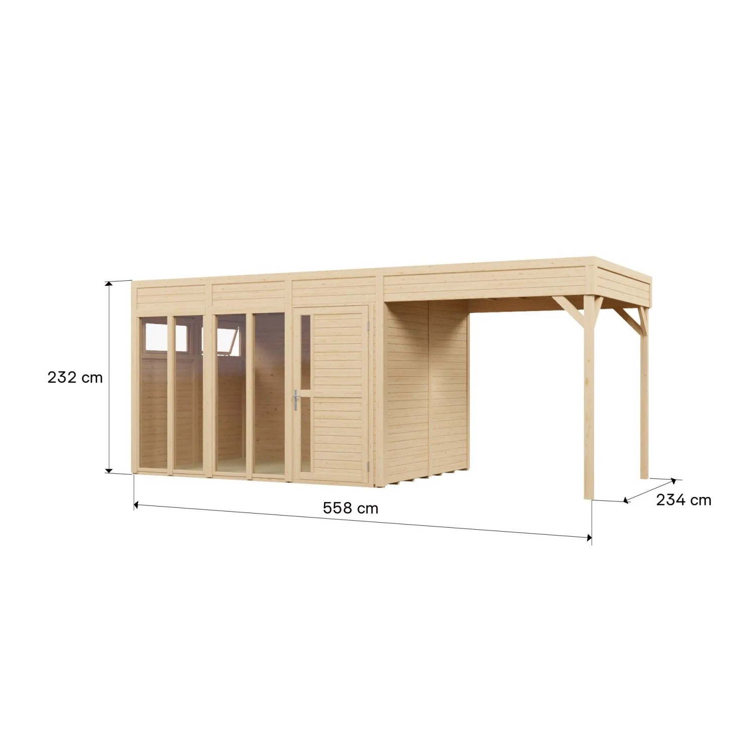 Bertilo Elementgartenhaus Cubus 3 Office Lounge Natur, 558x234cm, mit Fenstern und Überdachung.
