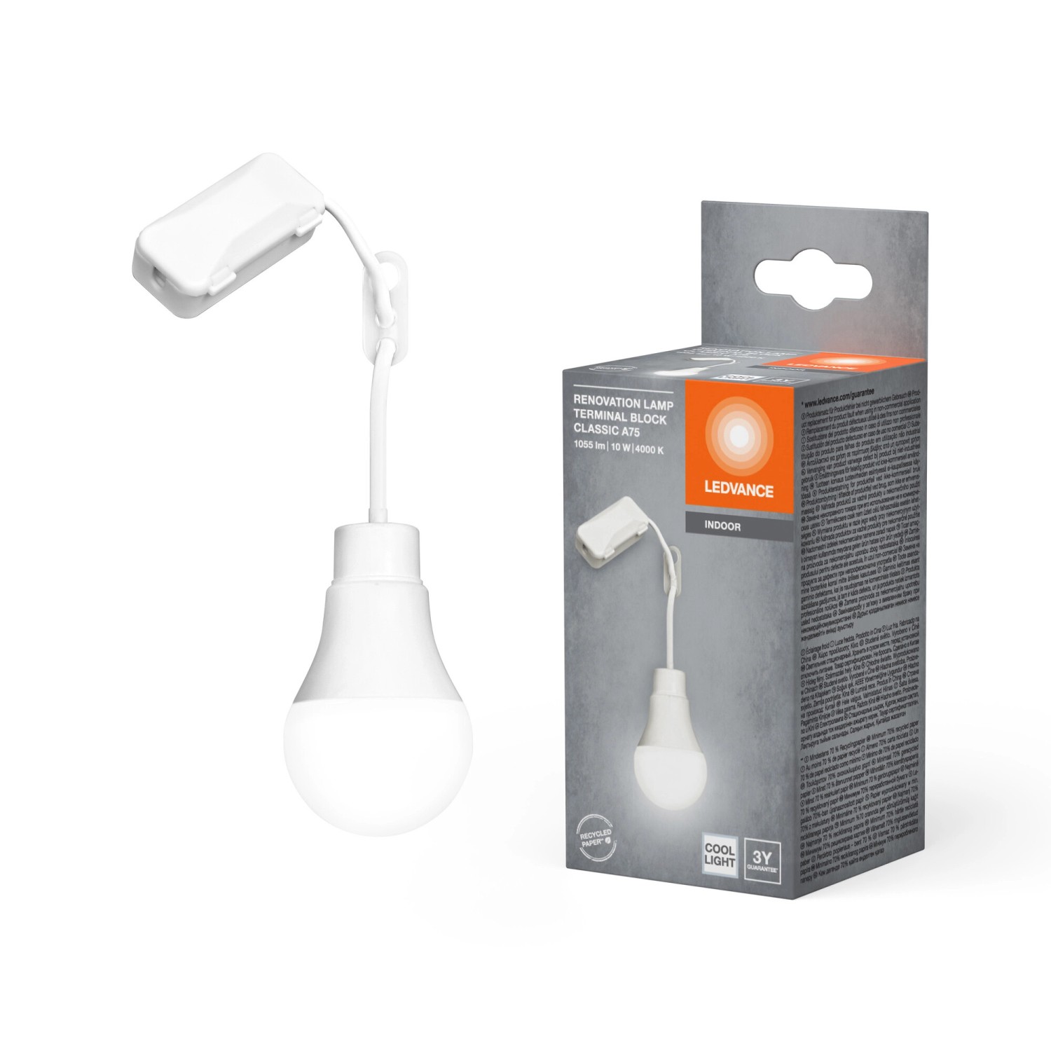 LEDVANCE 10W Leuchtmittel in Glühlampenform mit Direktanschluss und Verpackung.