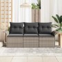 Graues 3-tlg. vidaXL Garten-Sofa-Set aus Poly Rattan mit Kissen und Stauraum.