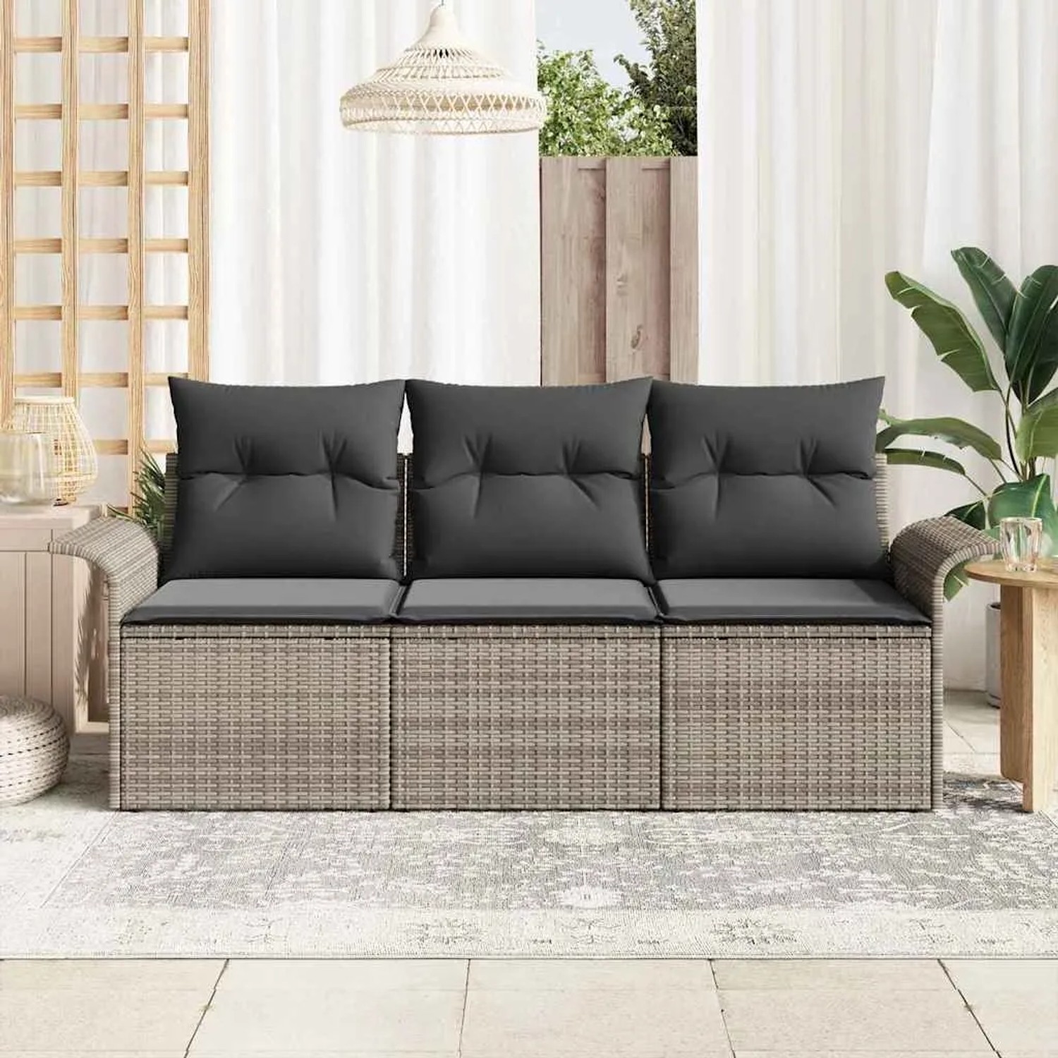 Graues 3-tlg. vidaXL Garten-Sofa-Set aus Poly Rattan mit Kissen und Stauraum.