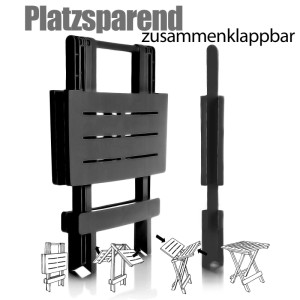 Anthrazitfarbener Kunststoff Klapptisch, gefaltet und entfaltet. Zeigt den platzsparenden Faltmechanismus für Camping & Balkon.