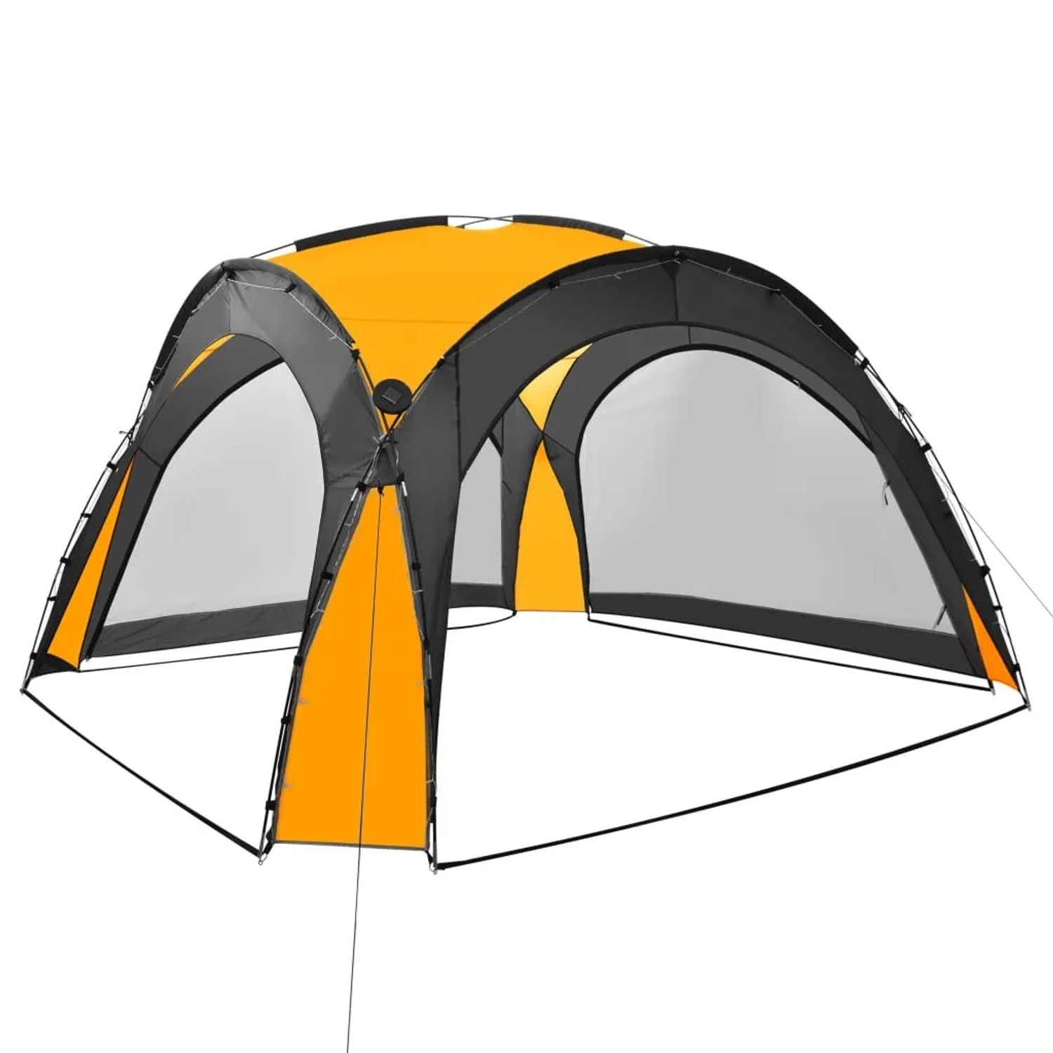 Gelbes Partyzelt mit LED und Moskitonetz-Seitenwänden, ideal für Gartenpartys und Camping.