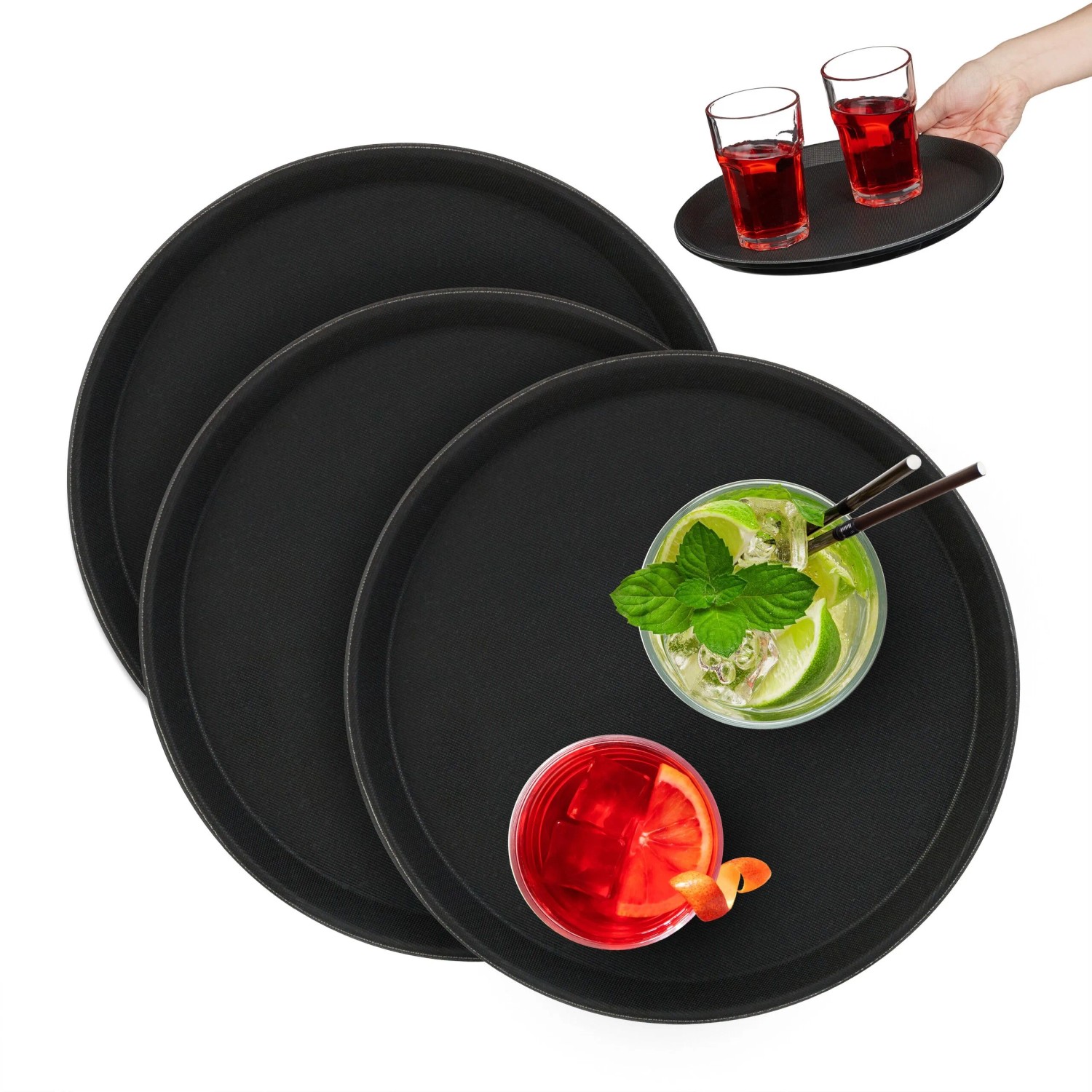 Relaxdays Serviertablett Kunststoff Schwarz Rutschfest 3er Set ø 28 cm