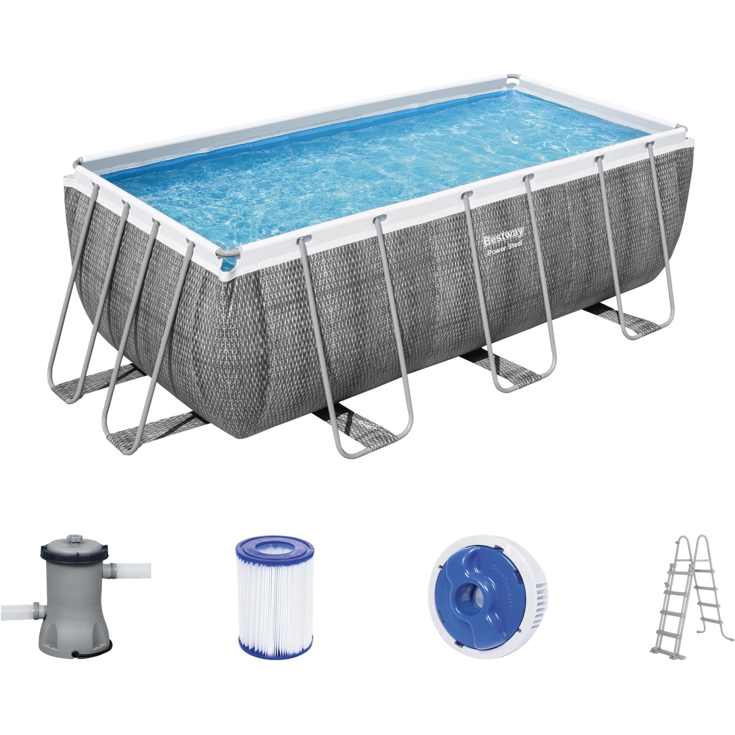 Bestway Frame Pool-Set Power Steel in Rattan-Optik, eckig, mit Filterpumpe und Leiter.