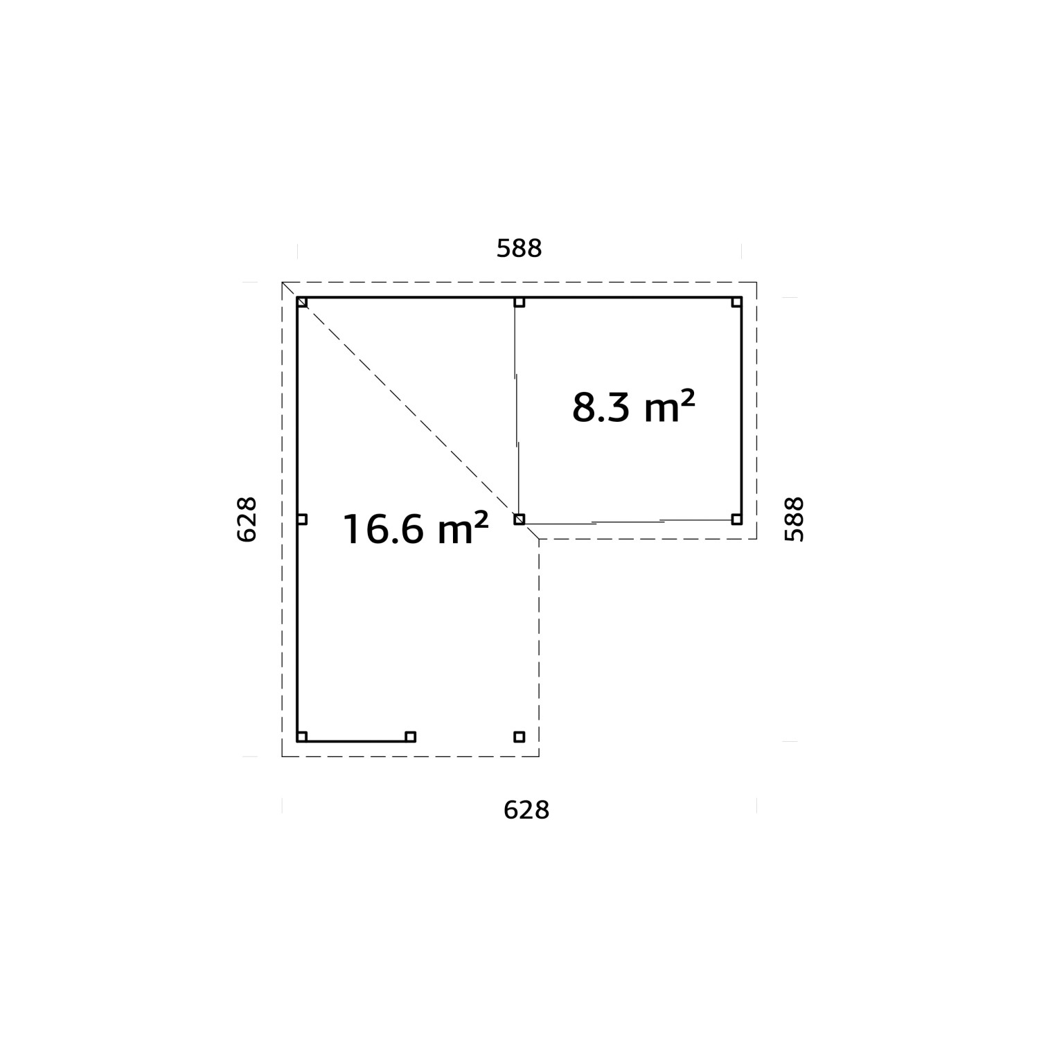 Grundriss Palmako Pavillon Lenna Set 709, 588x588 cm, Weekendhaus mit Flächenangaben.