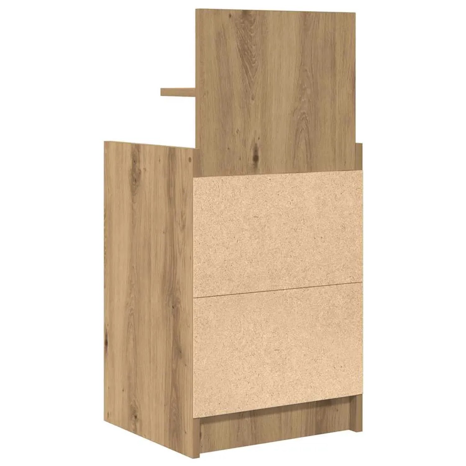 Nachttisch Artisan-Eiche mit 2 Schubladen, zeigt rohe Holzwerkstoff-Fronten und fertige Seiten.