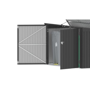 Tepro Universalbox Store Max, anthrazit, mit geöffneter Tür und Deckel, zur Aufbewahrung im Garten.