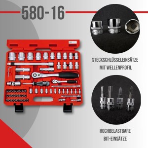 Famex Werkzeug-Set 66-teilig im roten Koffer, inklusive Steckschlüsselsatz und Bit-Einsätzen.