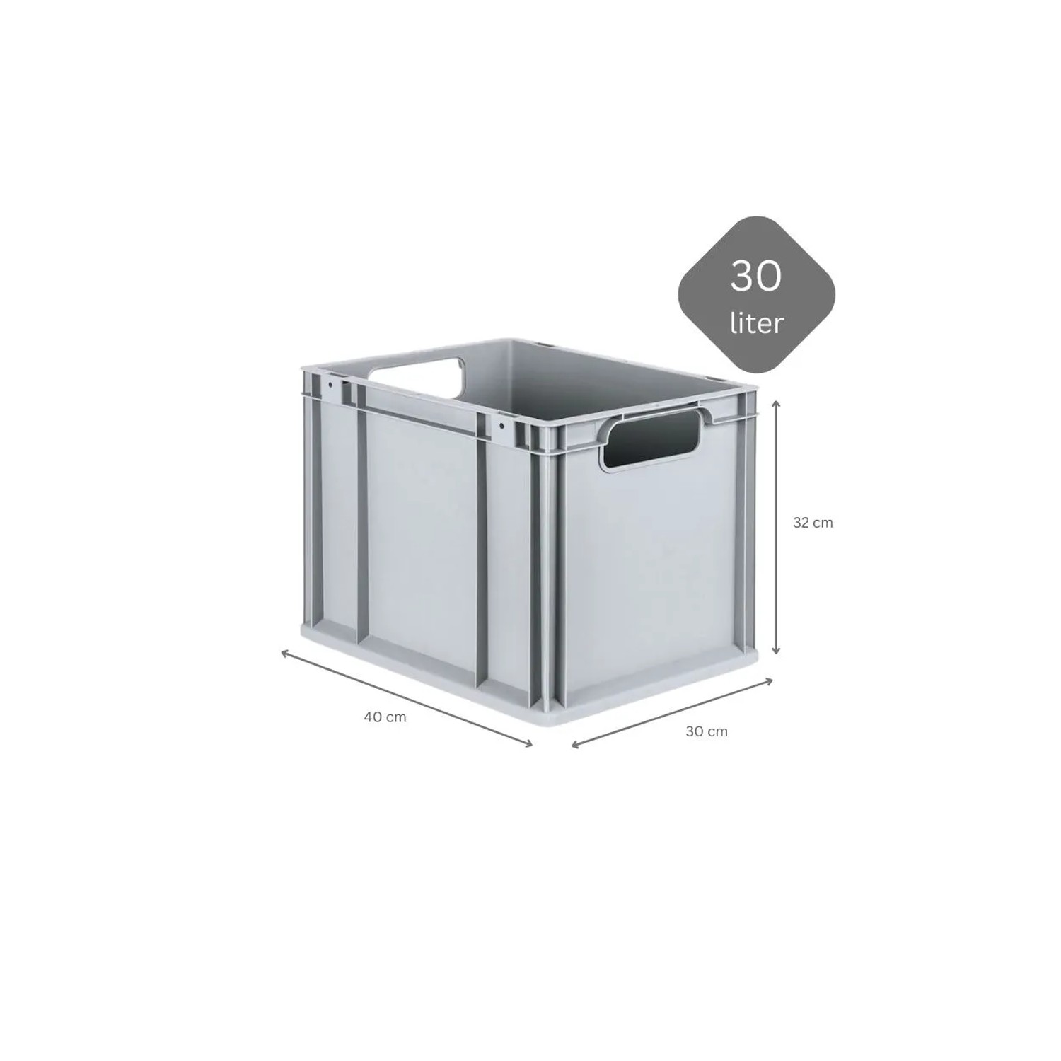 Graue PROREGAL Eurobox 30L mit Scharnierdeckel und gelben Verschlüssen. Aufbewahrungsbox für Industrie und Gewerbe.