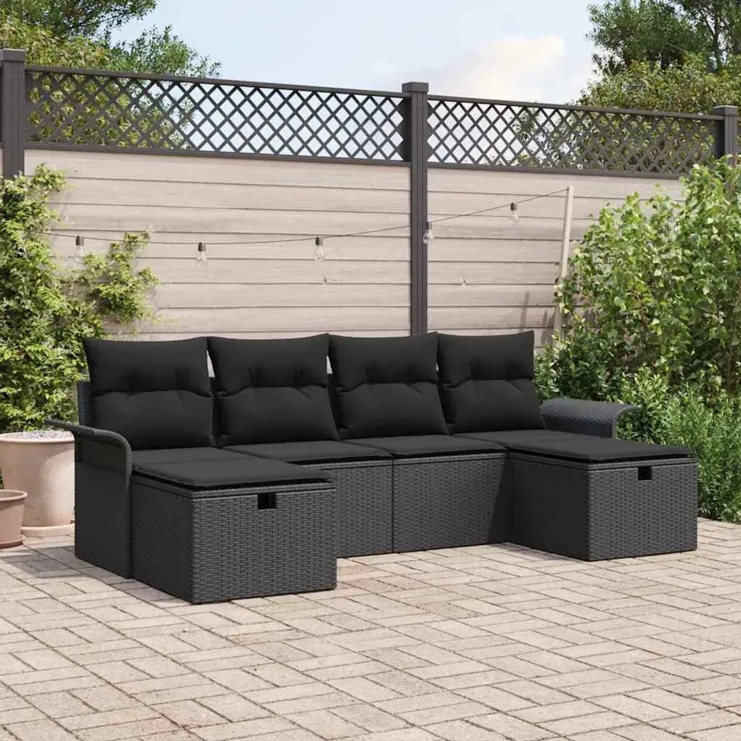 Schwarze 6-tlg. vidaXL Garten-Sofagarnitur aus Rattan mit Kissen.