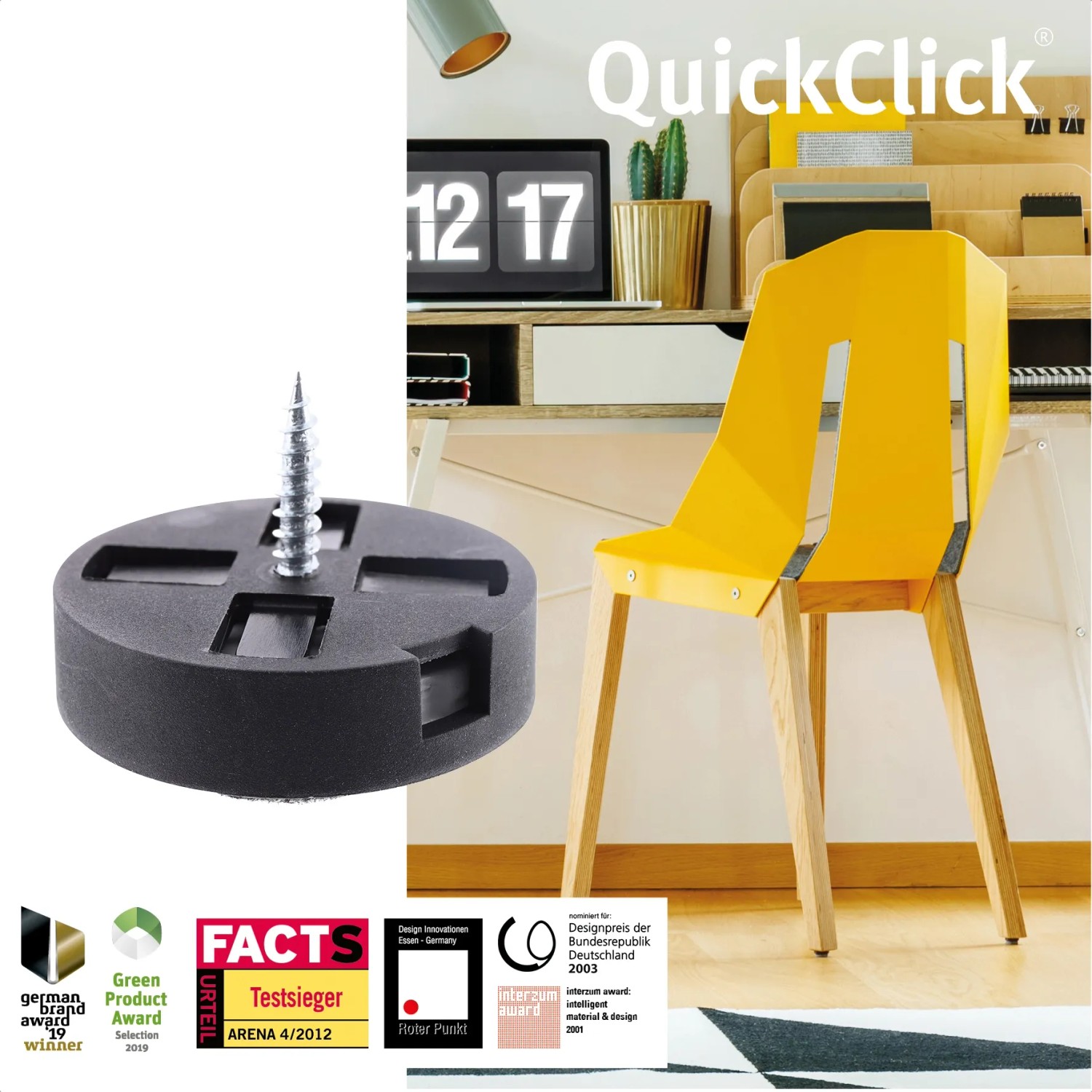 Wagner QuickClick Möbelgleiter 2in1, 12-teilig, schwarz-weiß, Ø 30mm, mit Schraube.