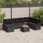Schwarzes 9-teiliges vidaXL Garten-Sofa-Set aus Poly Rattan mit Kissen und Tisch.