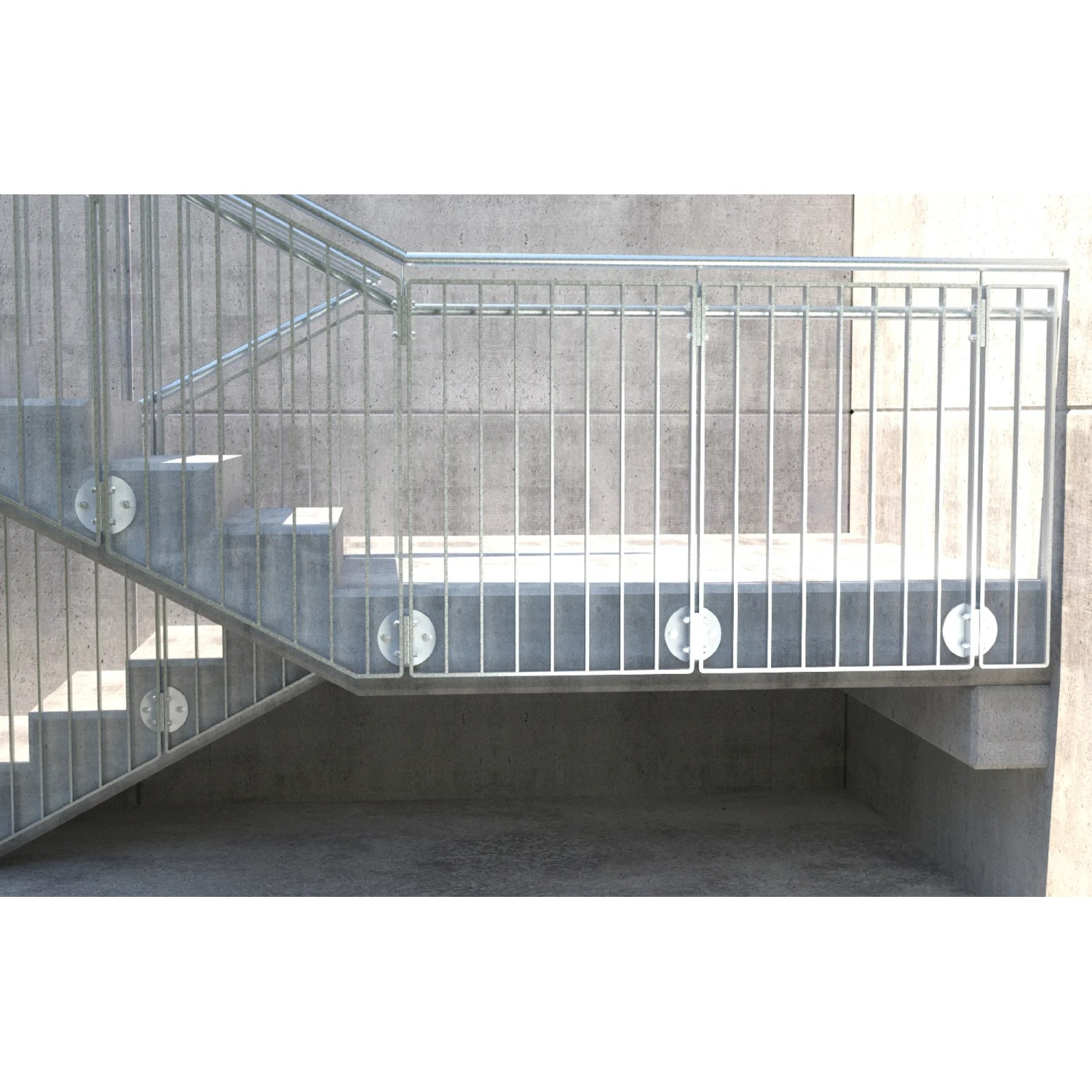 Montiertes Treppengeländer aus Metall mit Betonschrauben an einer Betontreppe und -wand.