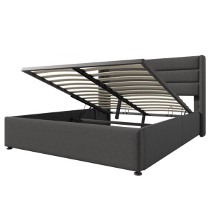 Graues Polsterbett 160x200 mit offenem Bettkasten und Lattenrost