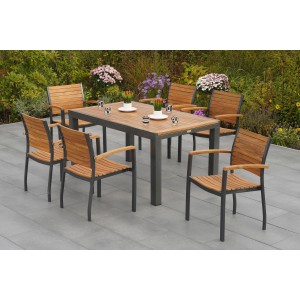 Merxx Gartenmöbel-Set Santorin, 7-teilig mit Stapelsesseln und Ausziehtisch aus Akazienholz und Aluminium.