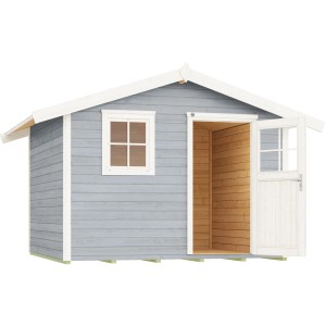 Graues Holz-Gartenhaus mit Satteldach, Fenster und offener Tür. Ideal als Gerätehaus oder Hobbyraum.