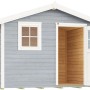 Graues Holz-Gartenhaus mit Satteldach, Fenster und offener Tür. Ideal als Gerätehaus oder Hobbyraum.