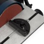 Detailaufnahme: EBERTH Bandschleifmaschine mit Schleifpad und verstellbarem Gehrungsanschlag.