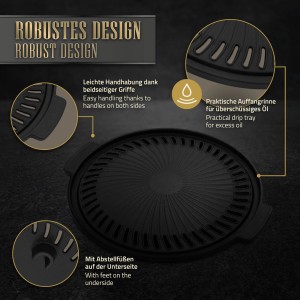 Schwarze, runde BBQ#Boss Grillplatte aus Gusseisen, 32 cm, mit Griffen und Ölauffangrinne.