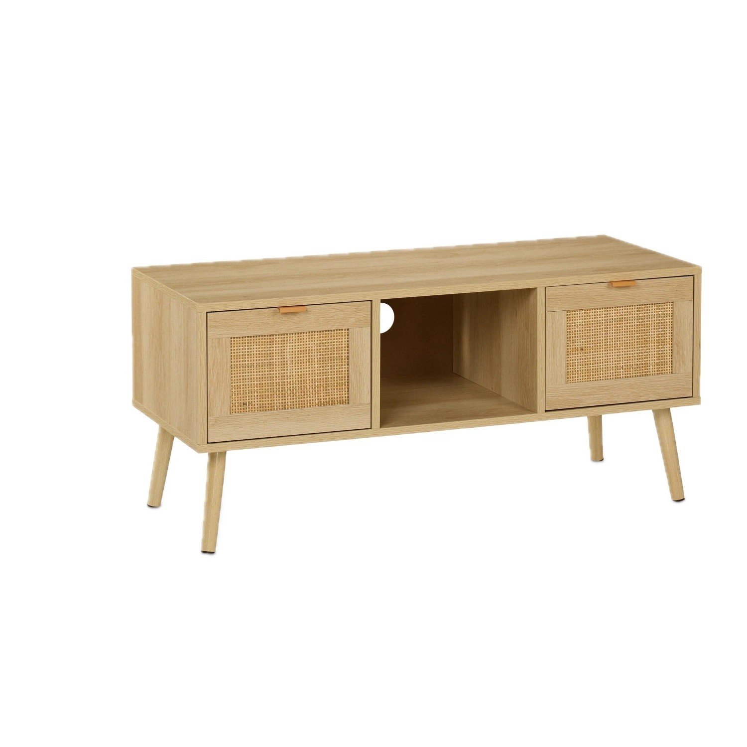 Relaxdays TV-Lowboard Holzwerkstoff Natur Rattan Design Mit Kabelöffnung Mit 2 Fächern 45,5 cm x 100 cm x 40 cm