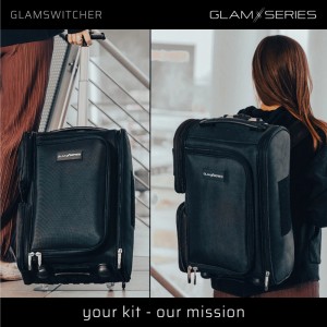 Schwarzer Glamswitcher Trolley Rucksack, flexibel als Rollkoffer gezogen und als Rucksack getragen. Ideal für Visagisten.
