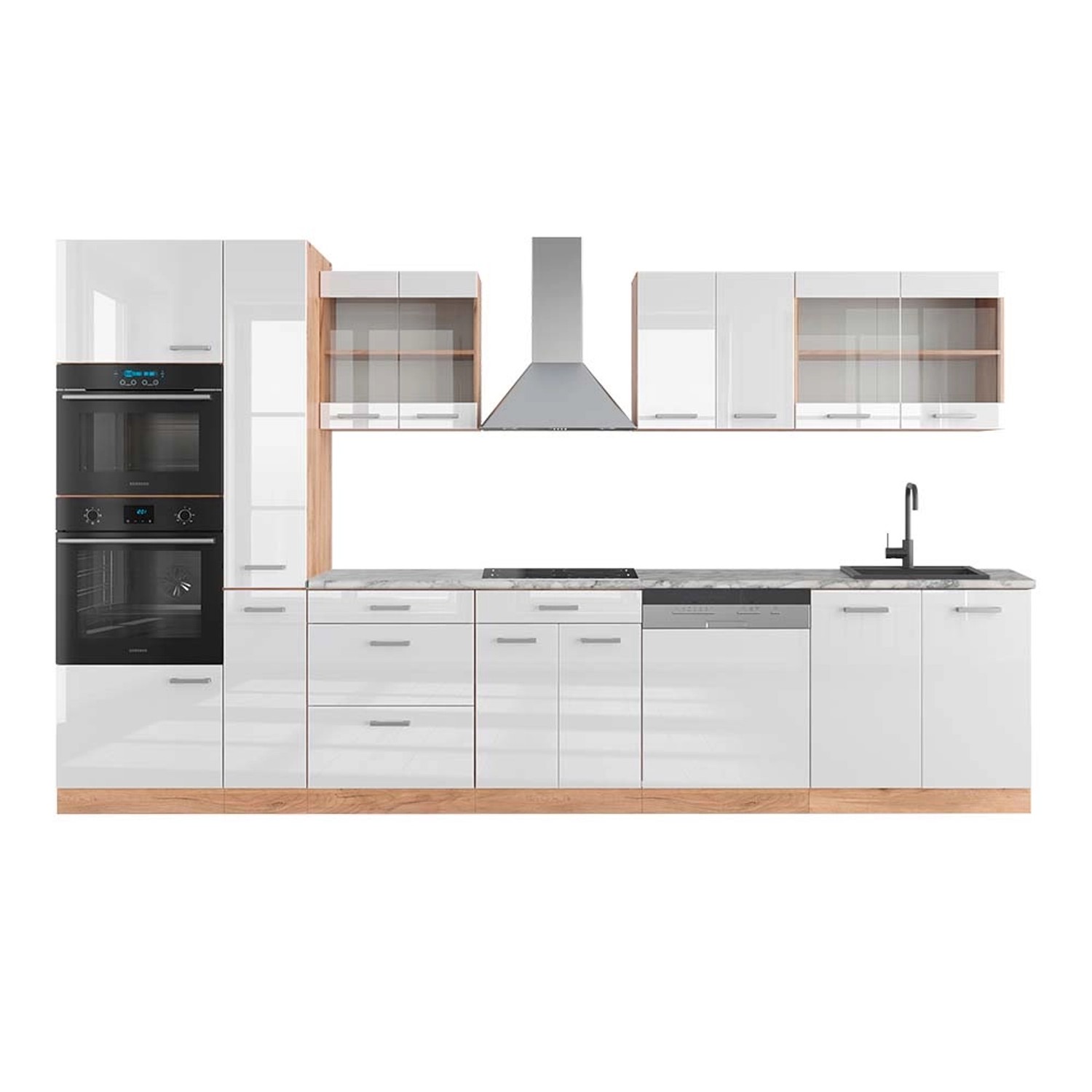 Vicco R-Line Küchenzeile Weiß Hochglanz/Goldkraft Eiche 350 cm mit Hochschr günstig online kaufen