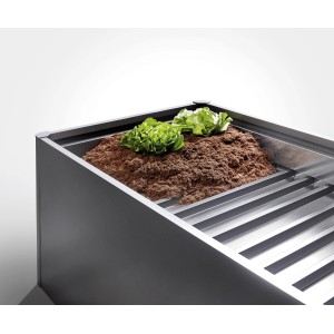 Biohort Zwischenboden im Metall-Hochbeet, silberfarben, mit Erde und Salat bepflanzt.