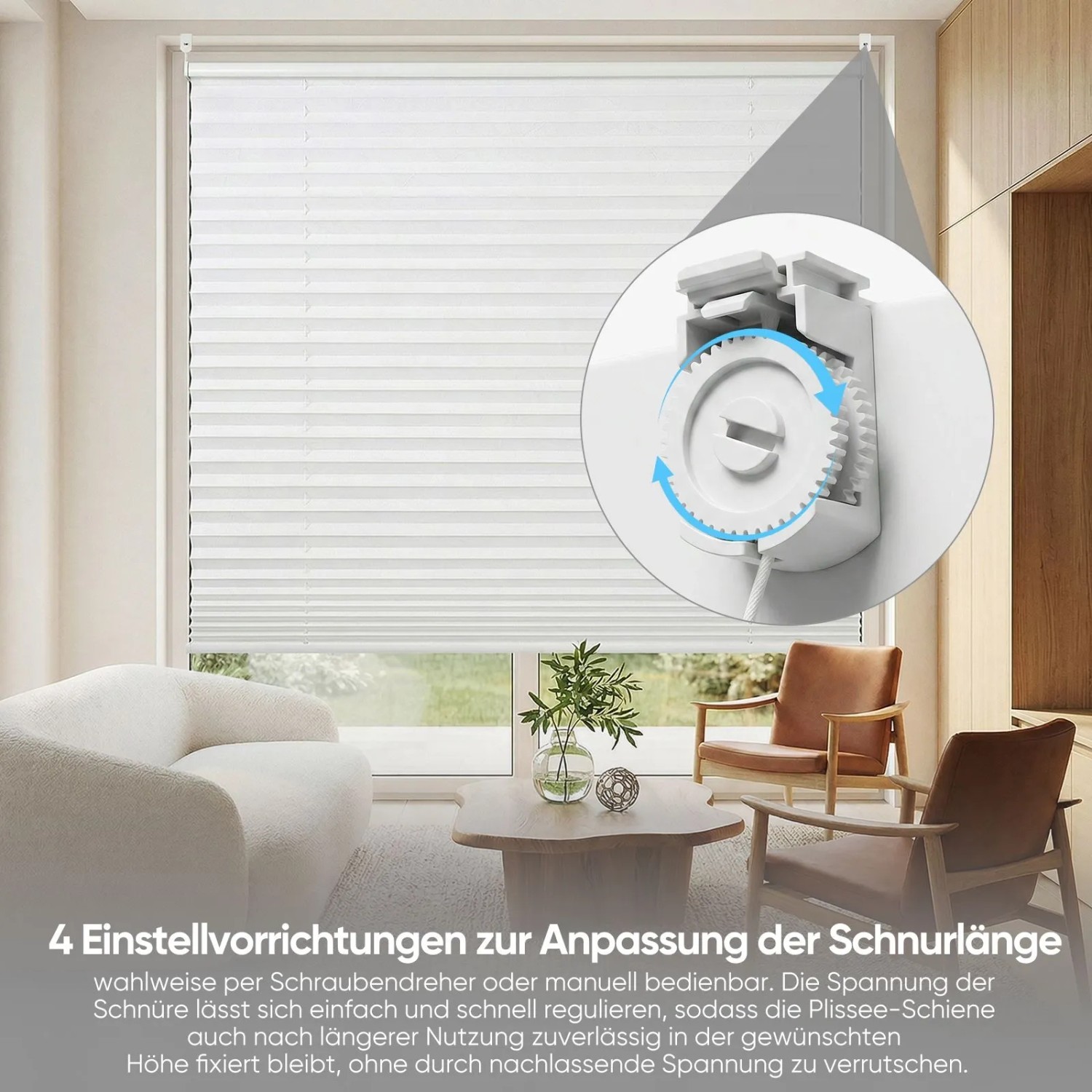 Sekey Plissee 60x210cm in Weiß, verstellbar & ohne Bohren montiert. Detailaufnahme der Spannvorrichtung.