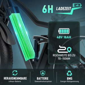 HITWAY E-Bike Akku: herausnehmbare 16Ah Lithium-Batterie, 70-150KM Reichweite, 6H Ladezeit, Diebstahlschutz, BMS.