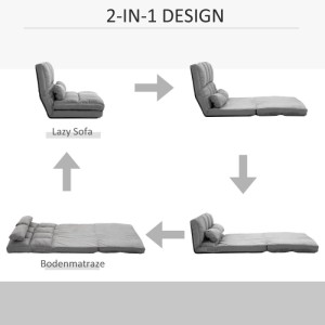 Grauer HOMCOM Bodenstuhl 2-in-1, der sich von einem Sofa zu einer Bodenmatratze umwandelt. Verstellbare Rückenlehne.