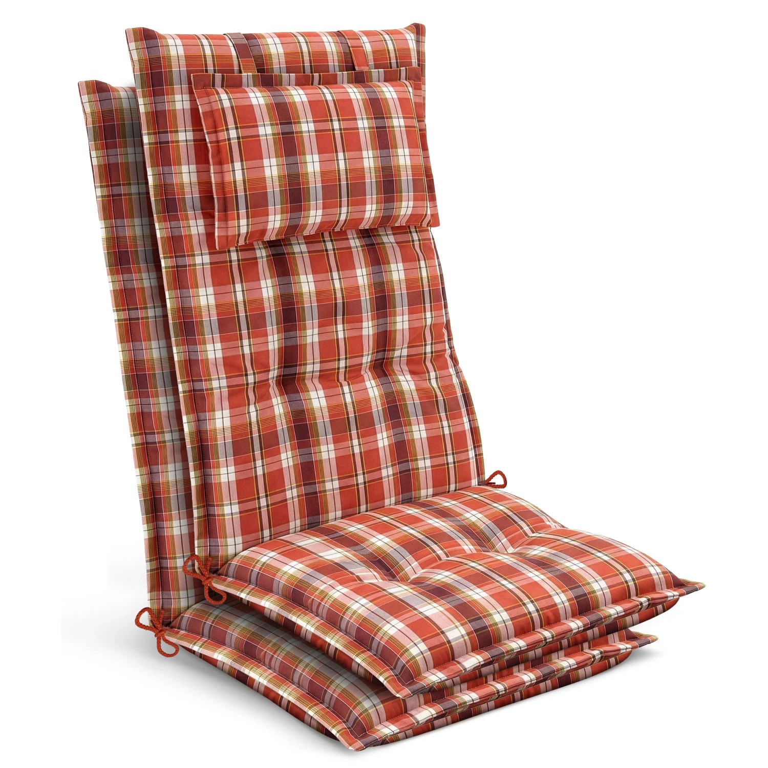 Beautissu 2x Gartenstuhlauflage Hochlehner 120x50x7cm Orange-Rot-Grün-Kariert
