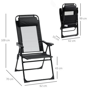 Outsunny Klappstühle 2er-Set, Stahl, Oxford Schwarz, verstellbare Rückenlehne, Maße dargestellt.