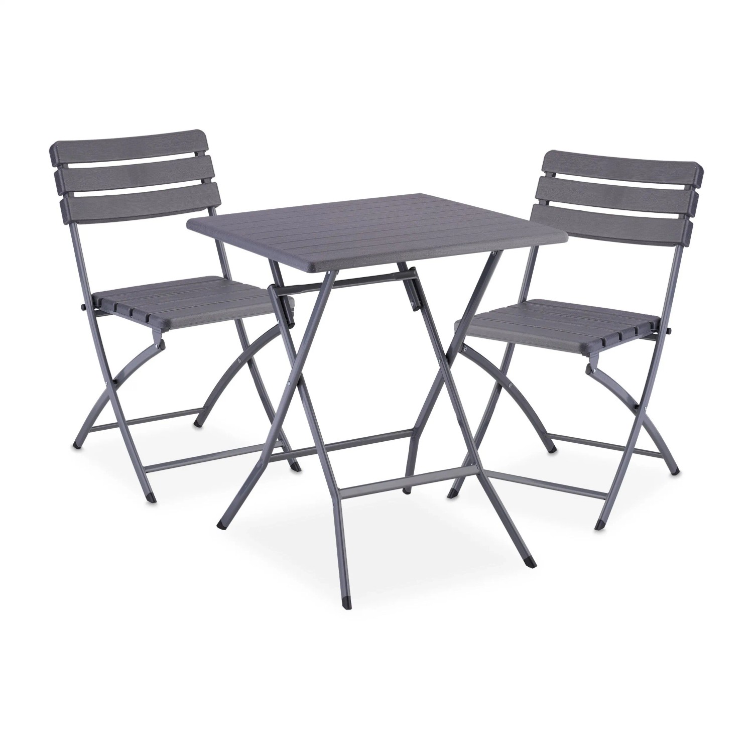 Relaxdays Balkonmöbel Set Dreiteilig Stahl und Kunststoff Grau Holzoptik Klappbar 74 cm x 61 cm x 61 cm