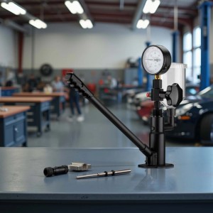 Wiltec Diesel Einspritzdüsentester, schwarz, mit Manometer und Hebel. Präzises Injektor Prüfgerät mit Adaptern auf Werkbank.