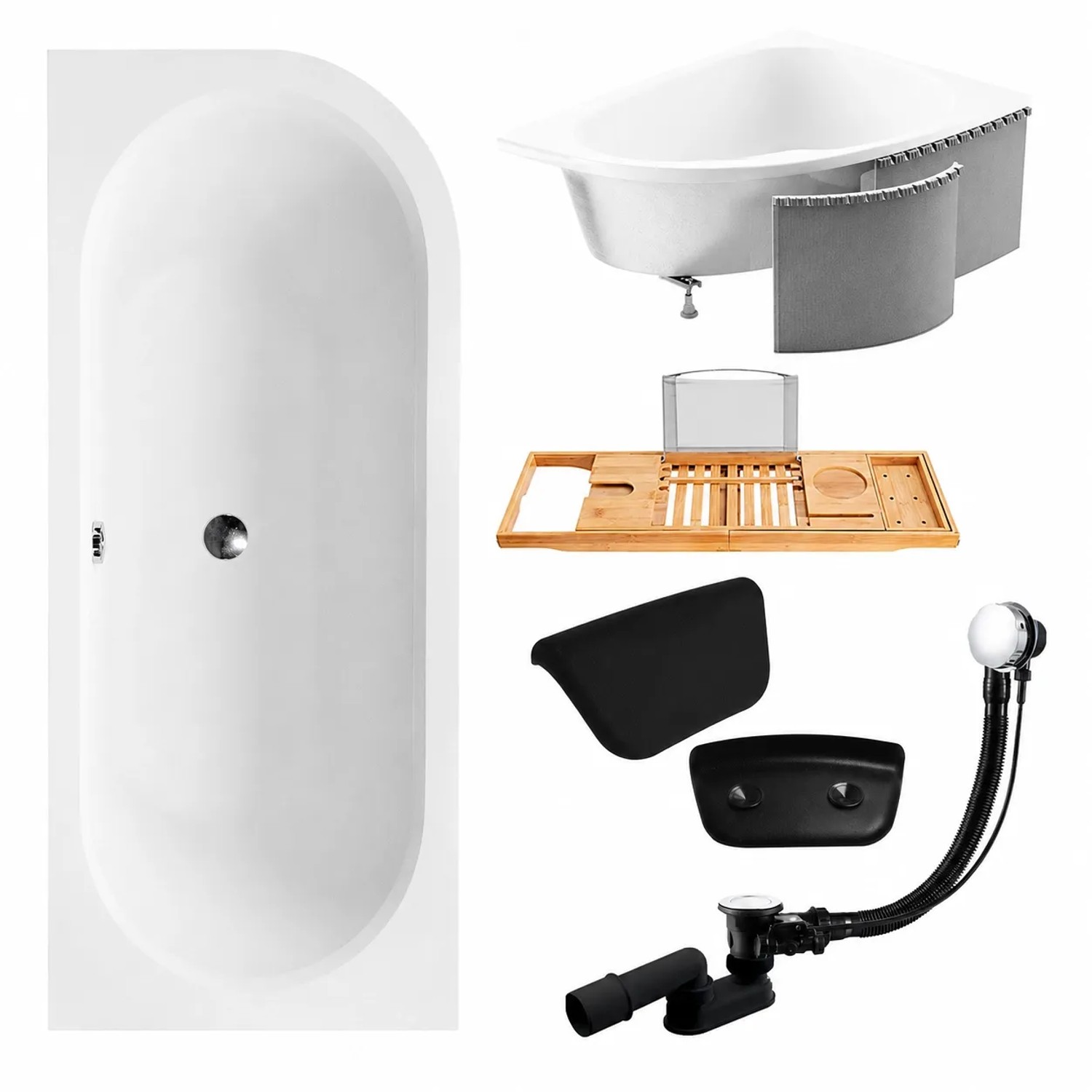 KOLMAN Badewanne Eckwanne 160 x 75 Cm Links Mit Styroporverkleidung Mit Bambus Badewannenablage Mit Kopfstütze KODI Inkl. Ablauf Und Füße