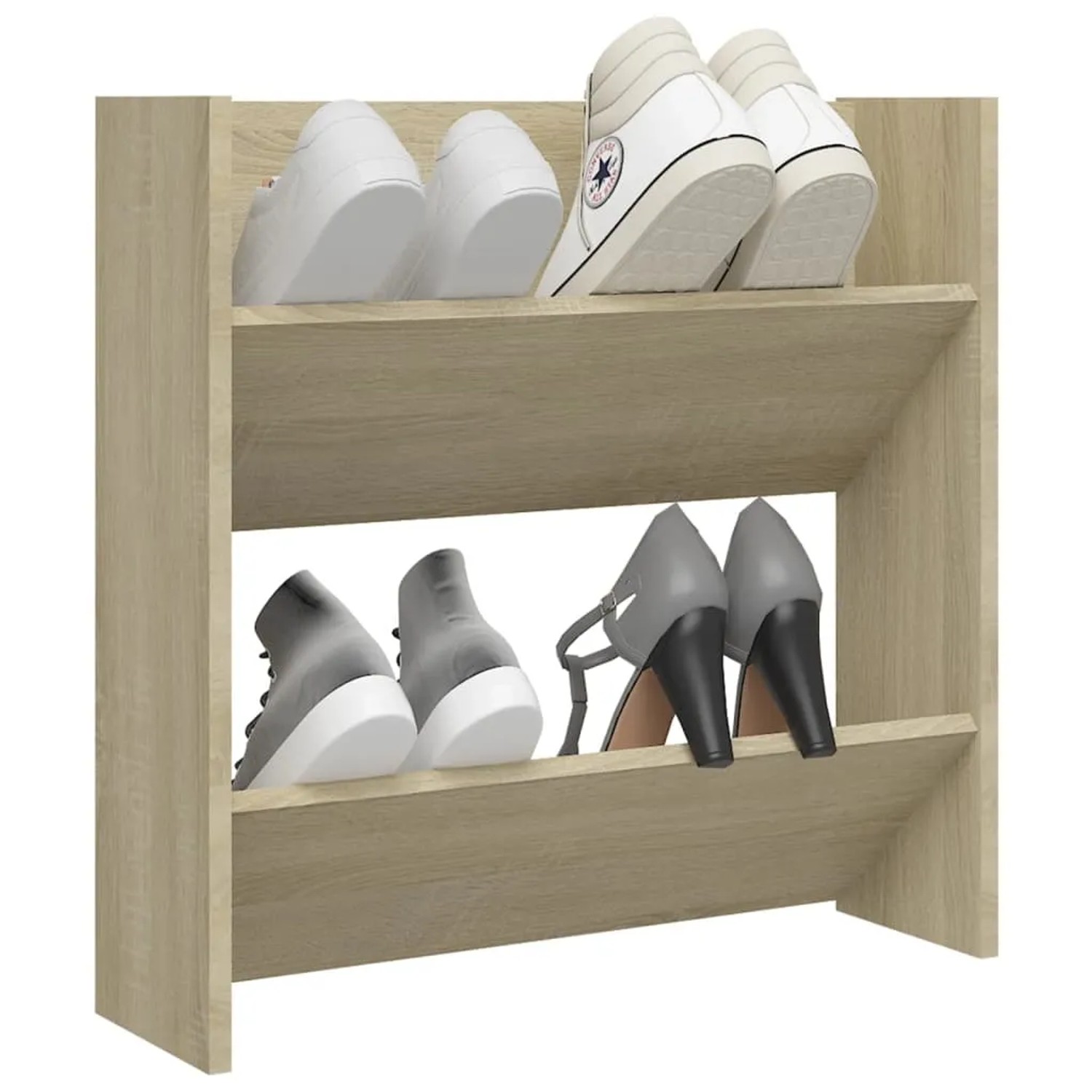 vidaXL Wand-Schuhschrank Sonoma-Eiche mit Schuhen auf zwei Ebenen.
