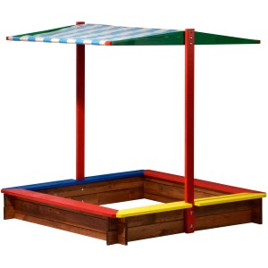 Bunter Holz Sandkasten XL mit blau-weiß gestreiftem Sonnendach (120x120x125cm), FSC® zertifiziert.